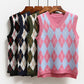 College Style Loose Vest All-match Diamond Check Sweater Splicing Color Sleeveless Fashion Sweater
