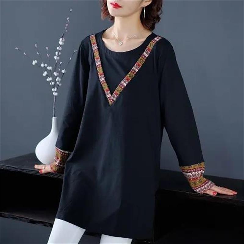 Women's Fashion Casual Tops Splicing Ethnic style Long Sleeve Ladies Loose O-Neck Sweatshirt Pullovers