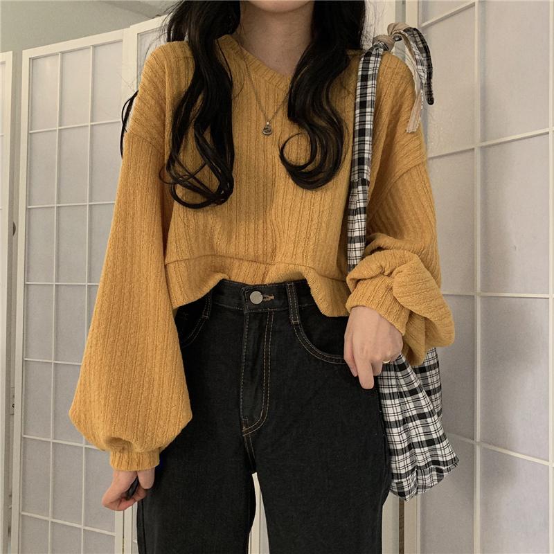 Winter Sweaters Women Lantern Sleeve Plus Size Loose V Neck Pullovers Knitted Jumper 2021 Fall New Fashion Black Oversized Harajuku Sweaters