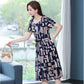 Mom's Cotton Silk Over-the-knee Dress Middle-aged and Elderly Women's Short-sleeved Pockets Mid-length Large Size Loose Floral Skirt