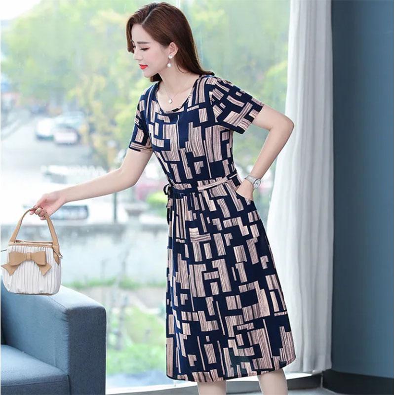 Mom's Cotton Silk Over-the-knee Dress Middle-aged and Elderly Women's Short-sleeved Pockets Mid-length Large Size Loose Floral Skirt
