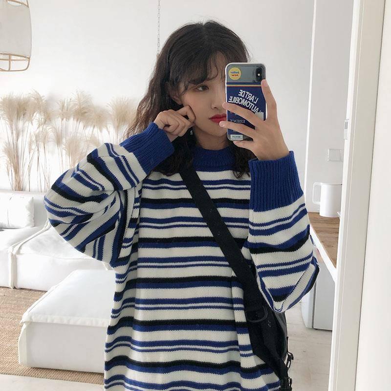 Pofulove Autumn Winter Japanese Striped Sweater Female Korean Loose Wild Round Neck Pullover Sweater