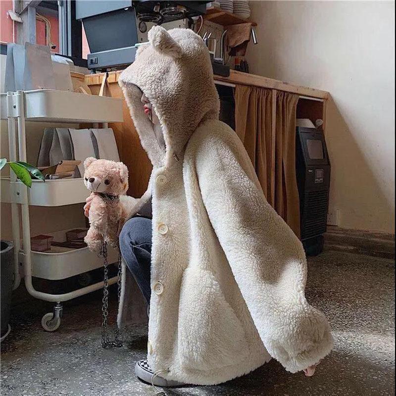 Autumn and Winter Lamb Fur Hooded Jacket Female Students Casual All-match Thickened Polar Fleece Cardigan Cute Rabbit Ears Plush Jacket