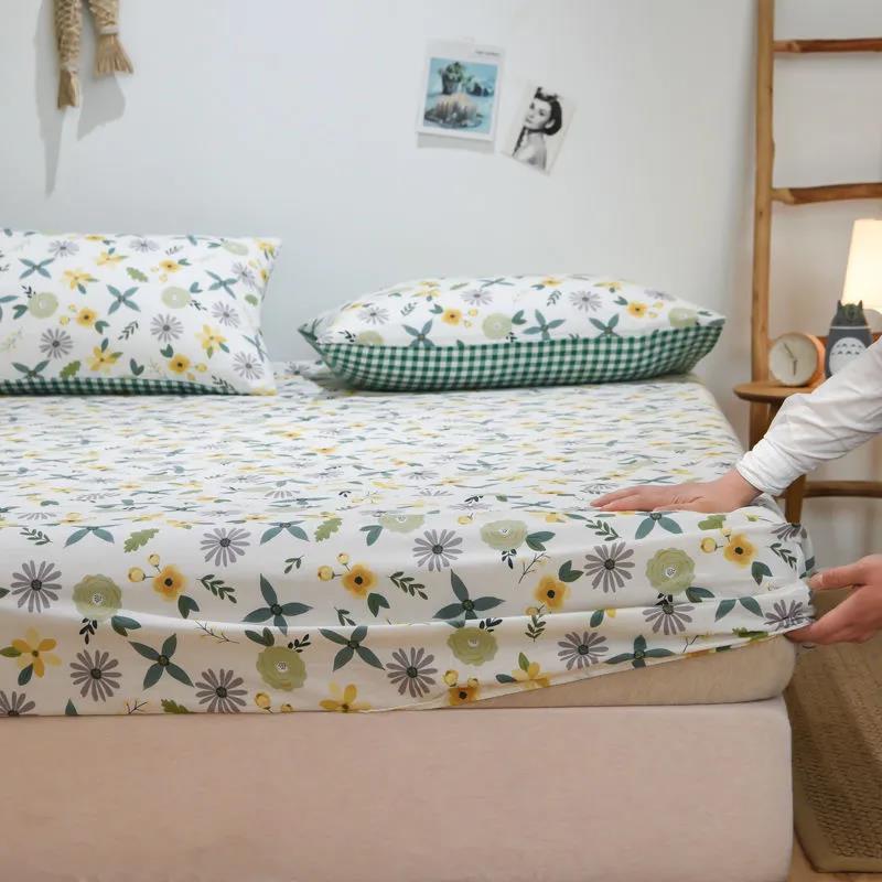 Cotton Bed Pillow Set Three-piece Plus Thick Anti-skid Protection Bed Cover 1.8 Meters 2 Meter Bed Bedding Set Print Field Garden Wind