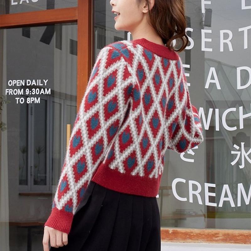 Sweater Women Autumn Winter 2021 Knitted Vintage Sense V-neck Christmas Peach Heart Short Top Sweater