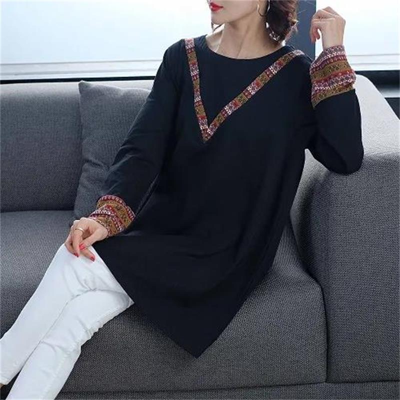 Women's Fashion Casual Tops Splicing Ethnic style Long Sleeve Ladies Loose O-Neck Sweatshirt Pullovers