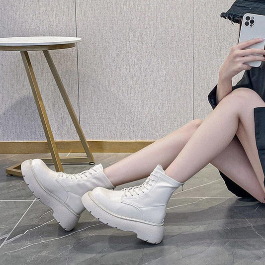 Autumn and Winter Leather Sponge Cake Thick-soled Martin Boots Thin Plush Boots Heightening Short Velvet Boots All-match