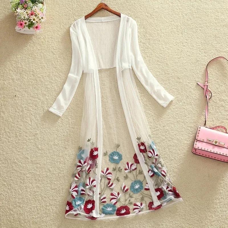 Women's Ethnic Style Loose Outer Chiffon Cardigan Thin Beach Mid-calf Length Long Sleeve Embroidered Cardigan