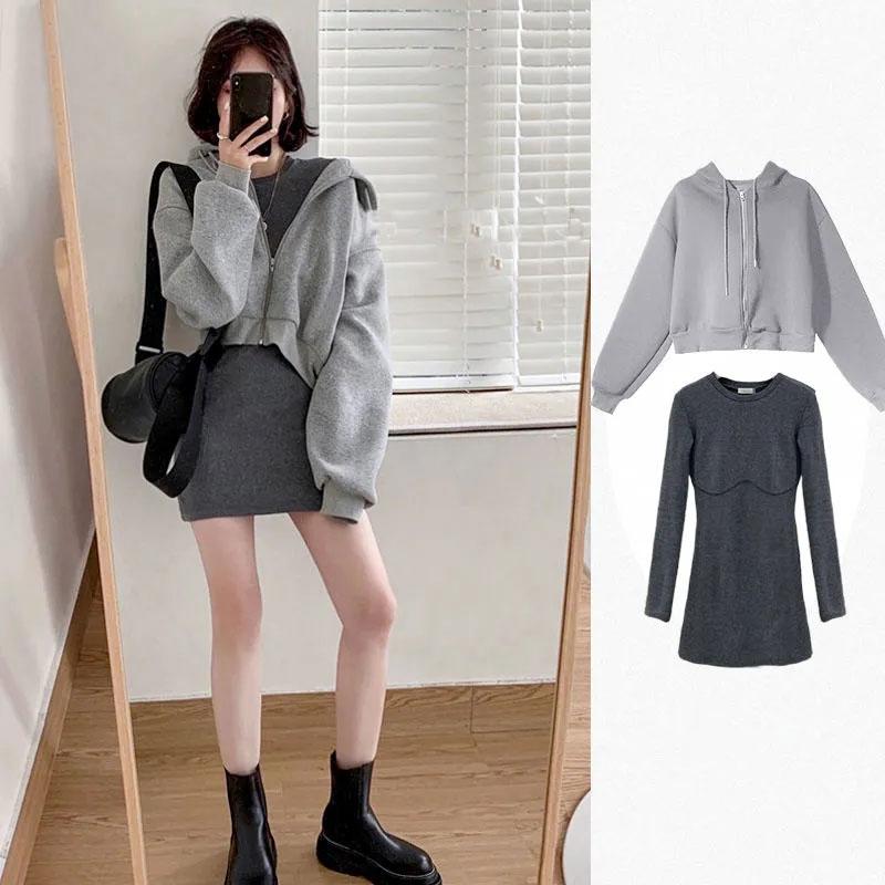 Women's Four Seasons Fried Street Suit Hooded Loose Sweater Jacket + Long Sleeve Slim Dress Two-piece Casual Suit Coat Skirt Sets