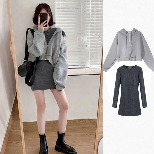Women's Four Seasons Fried Street Suit Hooded Loose Sweater Jacket + Long Sleeve Slim Dress Two-piece Casual Suit Coat Skirt Sets