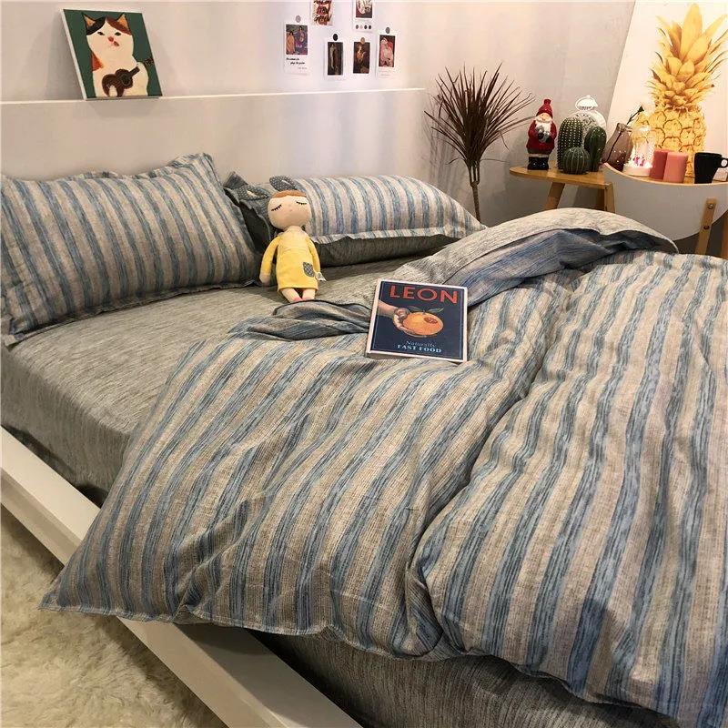 Washed Cotton Four-piece Set Korean Version Plaid Printed Quilt Cover Single Double Dormitory Four-piece Double Bed Bedding
