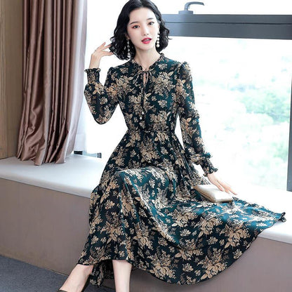 Spring and Autumn Chiffon Dress Long Sleeve Feminine Large Size Long Section Slim Fit Waist Thin Floral Skirt Women Can Be Worn Inside or Outside