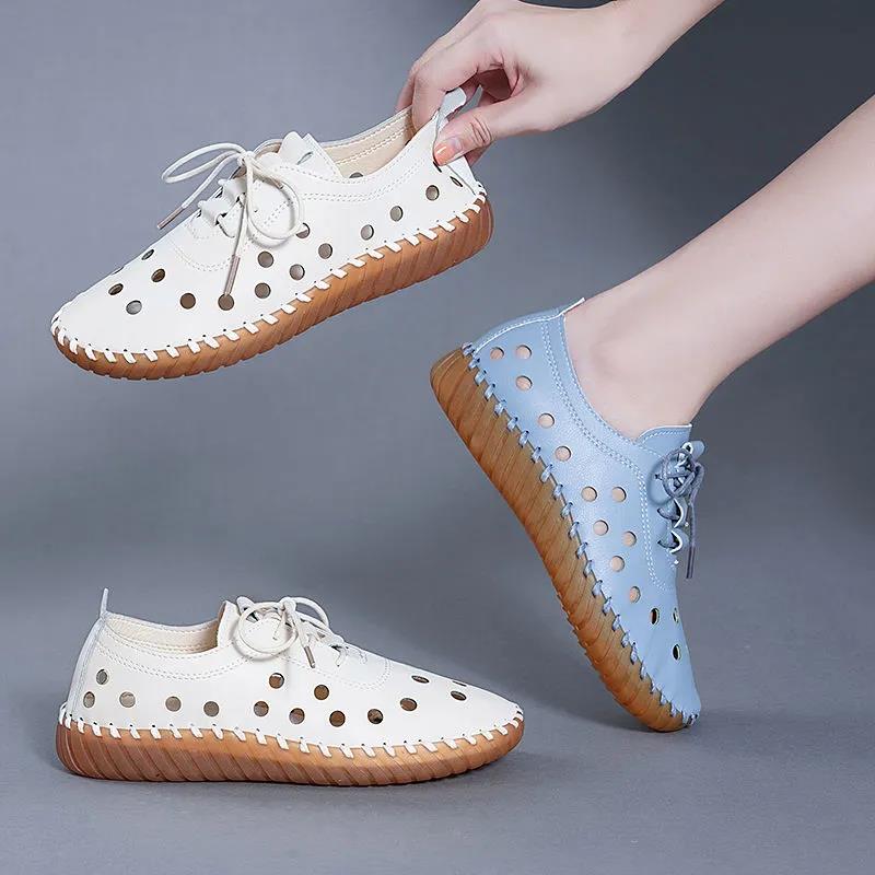 Women's Spring Summer Large Size Flat Shoes Non Slip Soft Sole Solid Color Hollow Out Leather Shoes