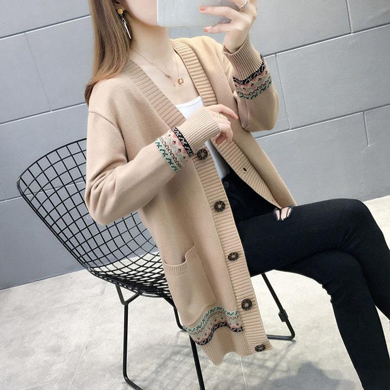 Spring and Autumn Knitted Cardigan Sweater Mid-length Casual Top Loose Outer Wear Women's Jacket