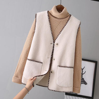 Lamb Plush Vest Female Autumn and Winter Temperament Outer Wear Fur Waistcoat Vest Vest V-neck Sleeveless Button Jacket