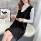 Autumn and Winter Long Knitted Sweater Loose V-neck Versatile Dress Casual Solid Color Women's Vest Dress