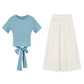 Two-piece Skirt Suit Summer Ladies Bow Tie Cotton Top T-shirt + Organza Chiffon Skirt Sexy Show Waist A-line Skirt Suit