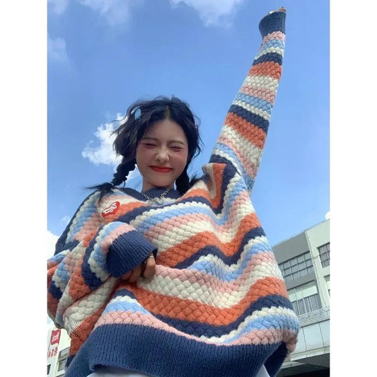 Japanese Color Striped Sweater Sweater Women's Autumn and Winter Loose Round Neck College Style Couple Pullover Top Coat