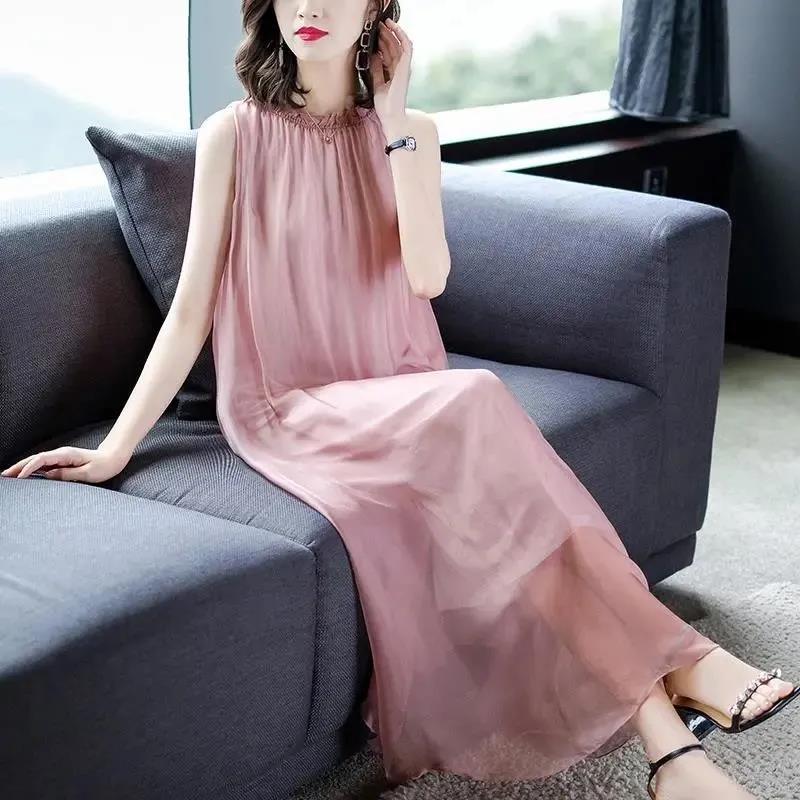Summer Plus Size Real Quality Silky Dress Comfortable Loose Slim Sleeveless Vest Long Dress