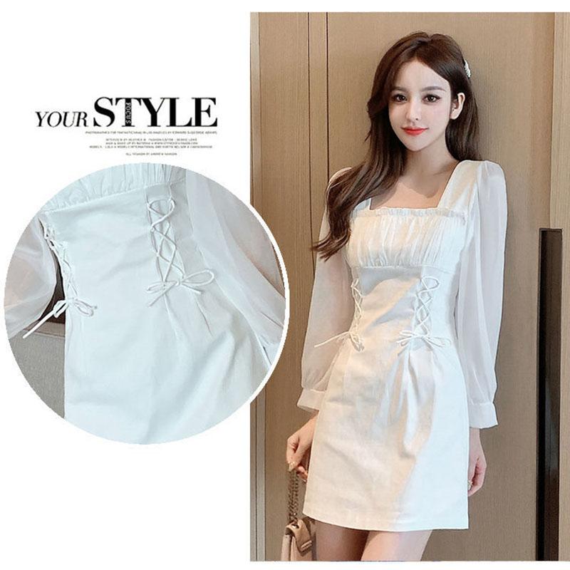 Autumn French Design Sense of Niche Temperament Skirt Is Thin Folds Square Collar White Waisted Celebrity Dress