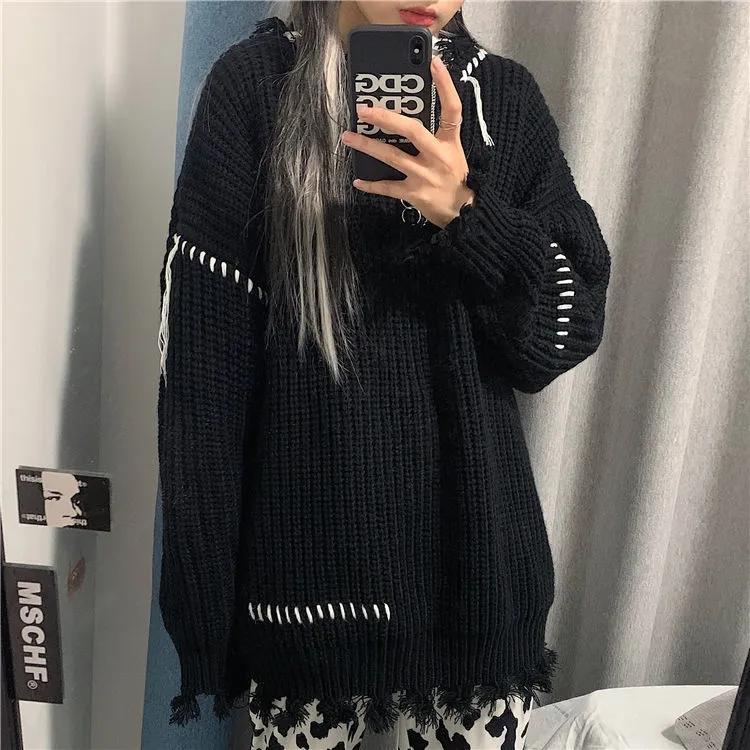 Sweater Women's Black Punk Gothic Streetwear Pullover Knitwear Loose Lazy Ripped Top Trendy Drawstring Sweater Autumn and Winter