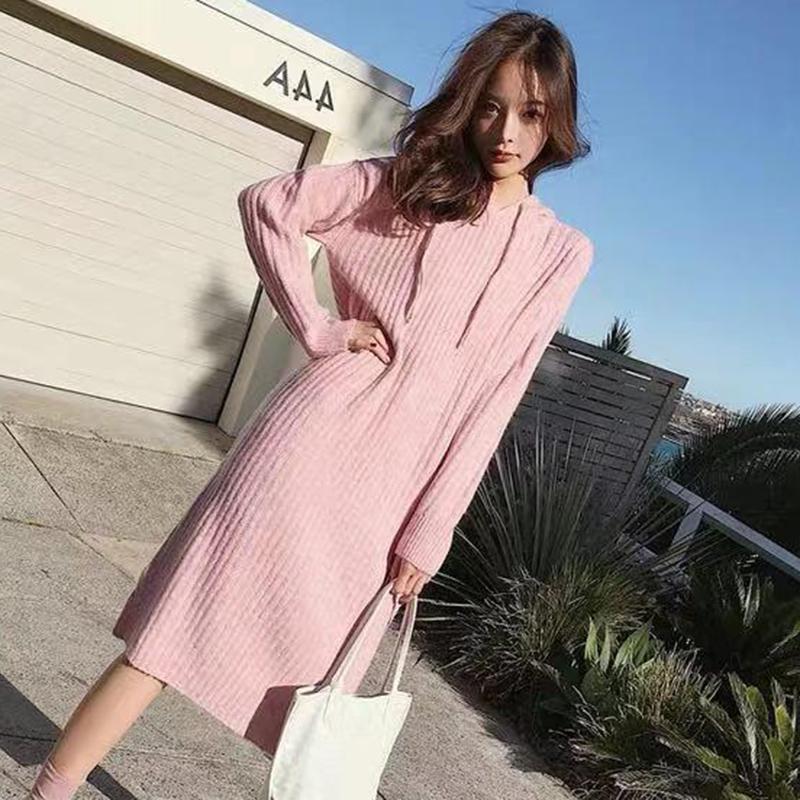Autumn  Winter Thick Korean Mid-length Sweater Women Over The Knee Knit Sweater Dress Versatile Hooded Base Skirt
