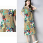XL-XXXXXL Plus Size Women Summerfolk Style RetroMid-length Printed Over-the-knee Dress Short Sleeve Mom A-line Skirt