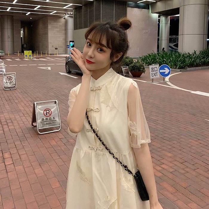 Pofulove S-4XL Women O-neck Feather Mesh Dress Loose Slim Sweet Short-sleeved Dress Short Cheongsam