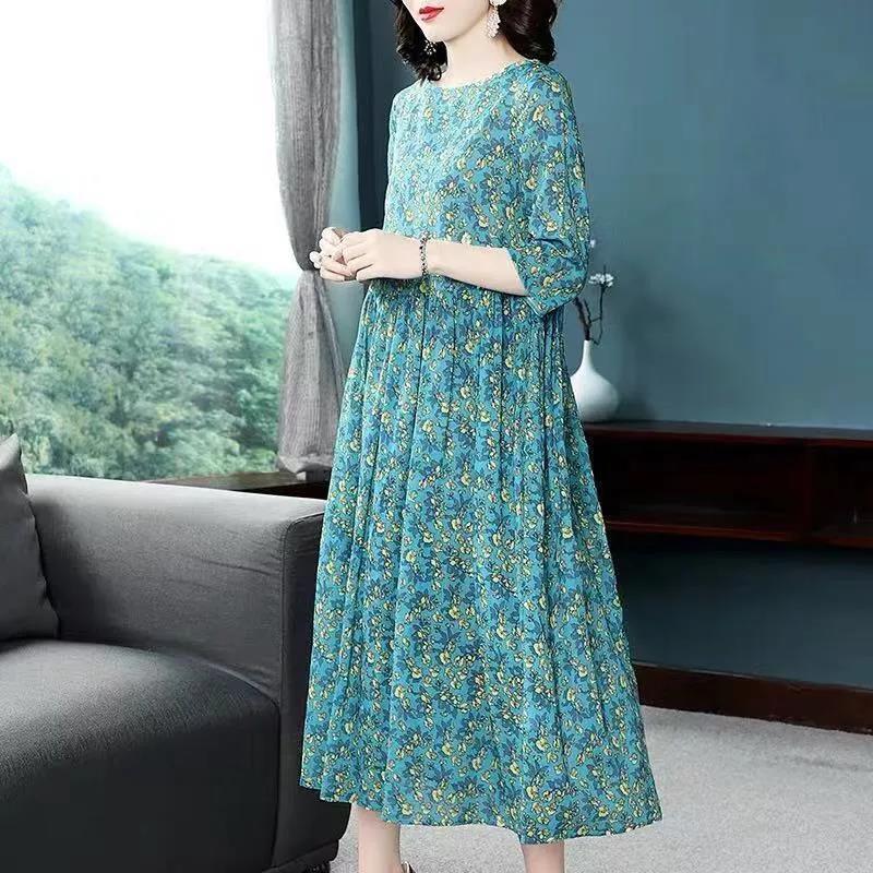 Women's Summer Dress Round Neck Skirt Women's Plus Size Mother Print Mid Length A-Line Skirt