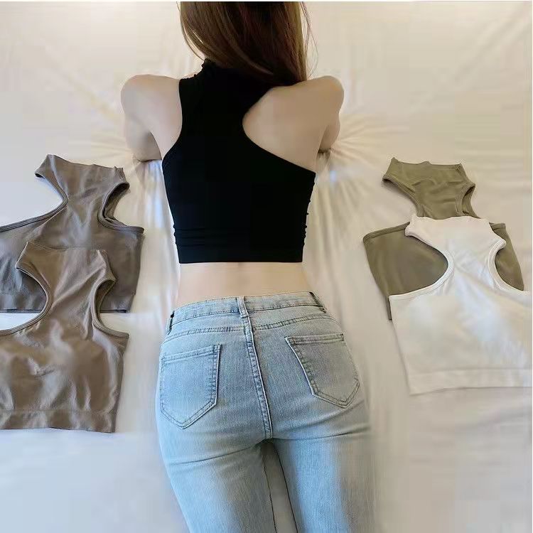 Half Turtleneck Sling Girl Sexy Vest Female with Chest Pad Outside Wear Inside Wear-proof Slim Top Wrap Chest Lingerie Yoga Fitness Sport Bar