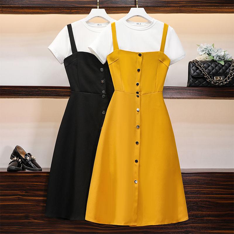 Womens Summer Dresses  Short-sleeved Shirt Top and Long  Strap Dress Two-piece Set Plus Size Outfits