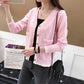 Spring and Autumn Color Matching V-neck Short Sweater Knitted Long-sleeved Shawl Outer Shirt Fashion Women's Top