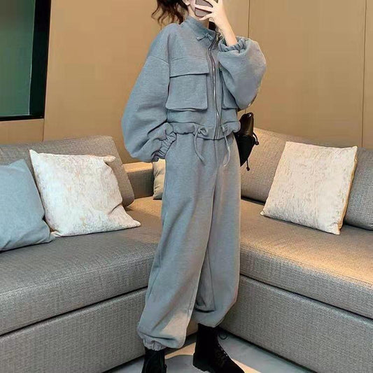 2PCS Women's Casual Workwear Suit Women's Korean Loose Zipper Sweater Jogging Trousers Sweater Pants Two-piece Sports Suit Athletic Girl Tracksuits