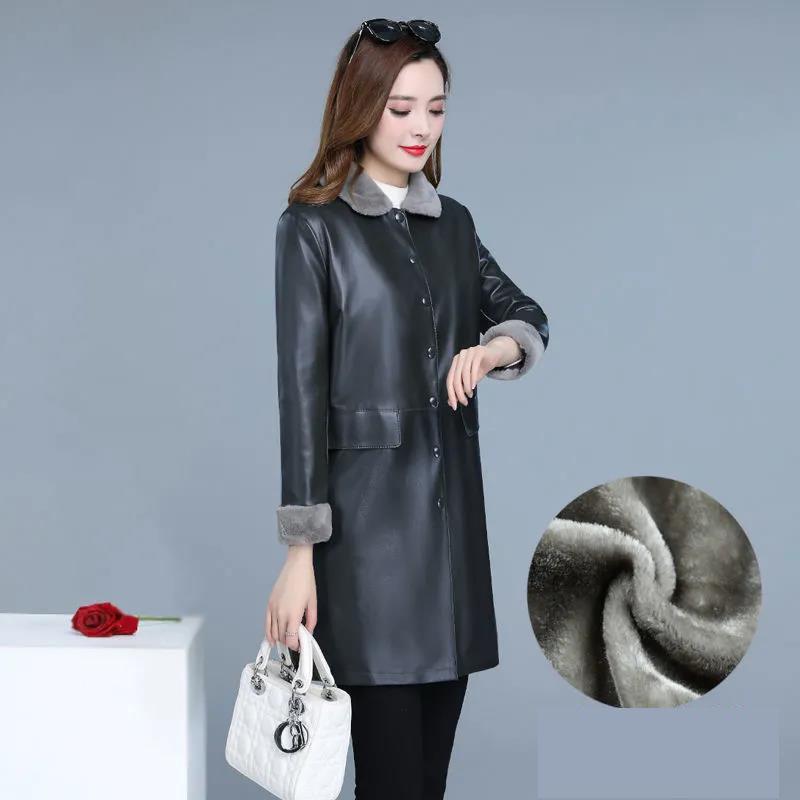 Winter Women's Leather Jacket Fashion Loose Mid-length Leather Jacket Plus Cotton Thick PU Leather Large Size Leather Jacket