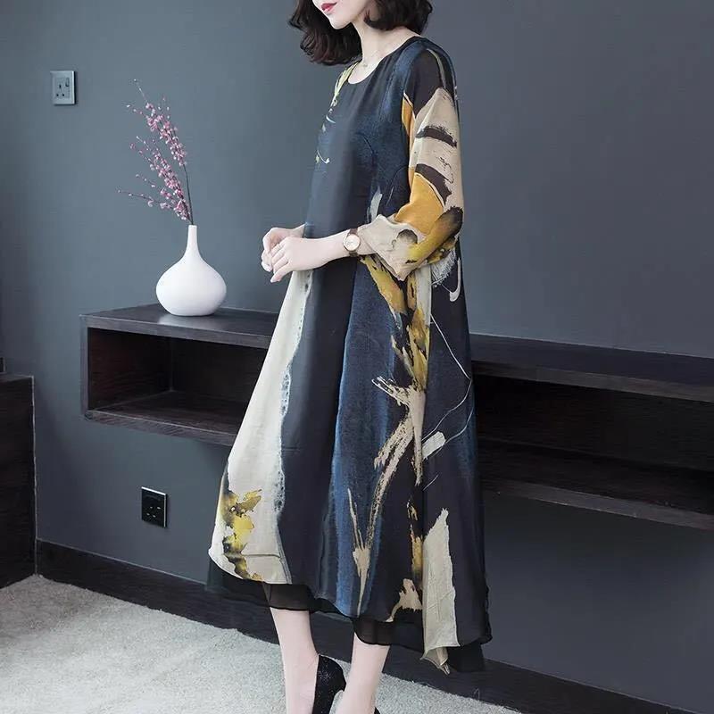 Summer Women's Dress Middle-aged Mother 3/4Sleeve Round Neck Printing Mid-length Daily Wear