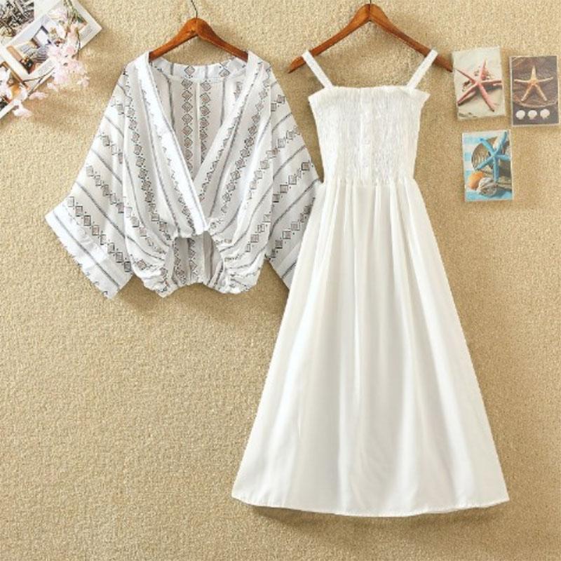 Women Plus Size 2piece Set Summer Deep V-neck Bat Blouse Strap Dress Two-Piece Set
