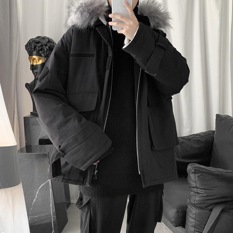 Winter Handsome Cool Cotton-padded Jacket Tooling Pocket Cotton-padded Jacket Thick Hooded Warm Fur Collar Cotton-padded Jacket Parka Jacket