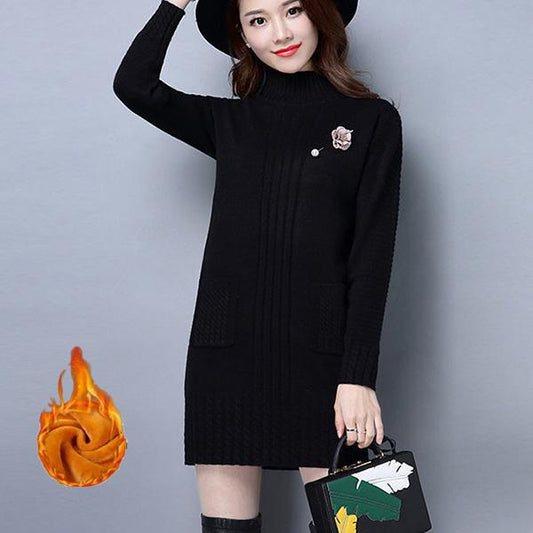 Autumn and Winter Core Yarn Plus Velvet Sweater Loose Korean Knit Sweater Half Turtleneck Neck Mid-length Sweater Skirt