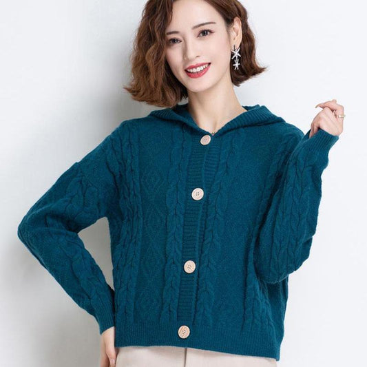 Autumn and Winter Knitted Hoodie Cardigan Short Loose Top Simple Solid Color Female Jacket