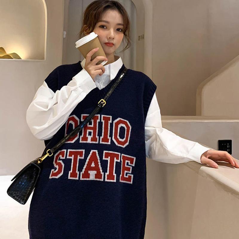 Letter V-neck Knitted Waistcoat Female Autumn Korean Version Was Thin and Western Style Wild Sleeveless Waistcoat Waistcoat