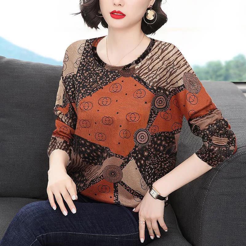 Long-sleeved T-shirt Women's Spring and Autumn New Round Neck Plus Size Mother's Shirt Bottoming Shirt Loose Casual