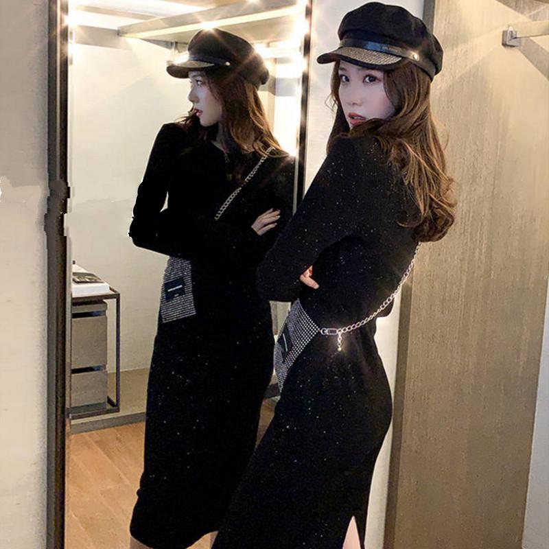 Pofulove dress winter was thin long-sleeved bottoming dress black long skirt autumn women tide