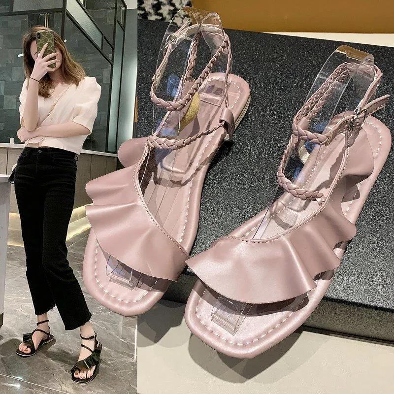 Sandals Women's Large Size Summer Lotus Leaf Fairy Style Flat Bottom All-match Word with Low-heeled Roman Shoes