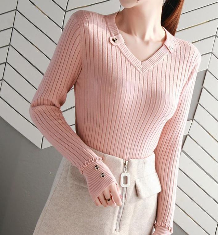 Women's V-Neck Knit Sweater Fashion Slim Solid Color Sweater Outer Wear Pullover