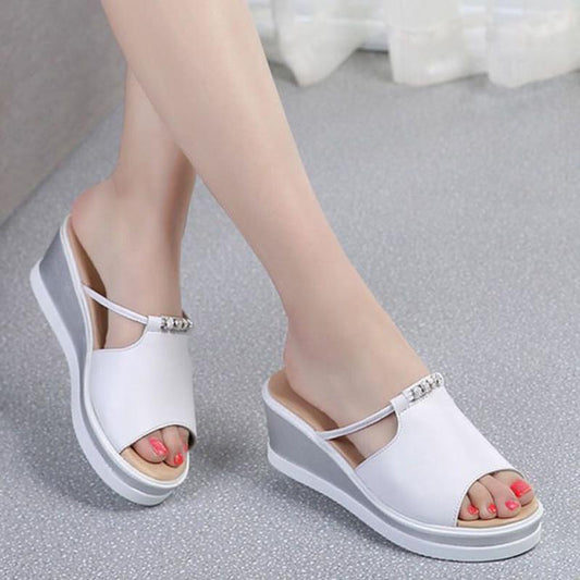 Leather Wedge Sandals Women's Wear Thick-soled Sandals Go Out Non-slip Slip-on Slippers Thick-heeled Women's Shoes with Diamond Decoration