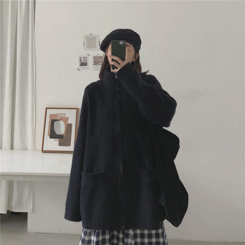 Autumn and Winter Students Loose and Versatile Lazy Knit Cardigan Zipper Jacket Sweater Women