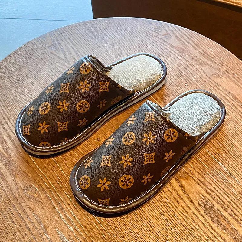 PU Waterproof Slippers Women Men Winter Plush Keep Warm Flat Home Shoes Woman Soft Comfort Female Shoes Sewing Interior Slipper