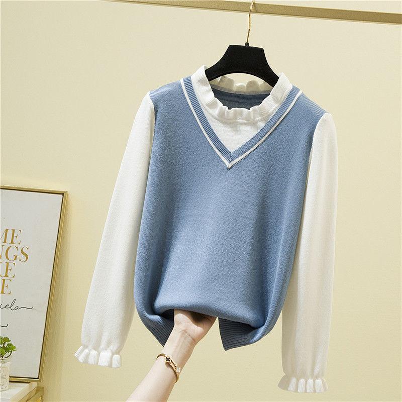 Fall/winter Korean Version of Loose Outer Wear All-match Fake Two-piece Japanese Sweater Sweater Top Women's Bottoming Shirt