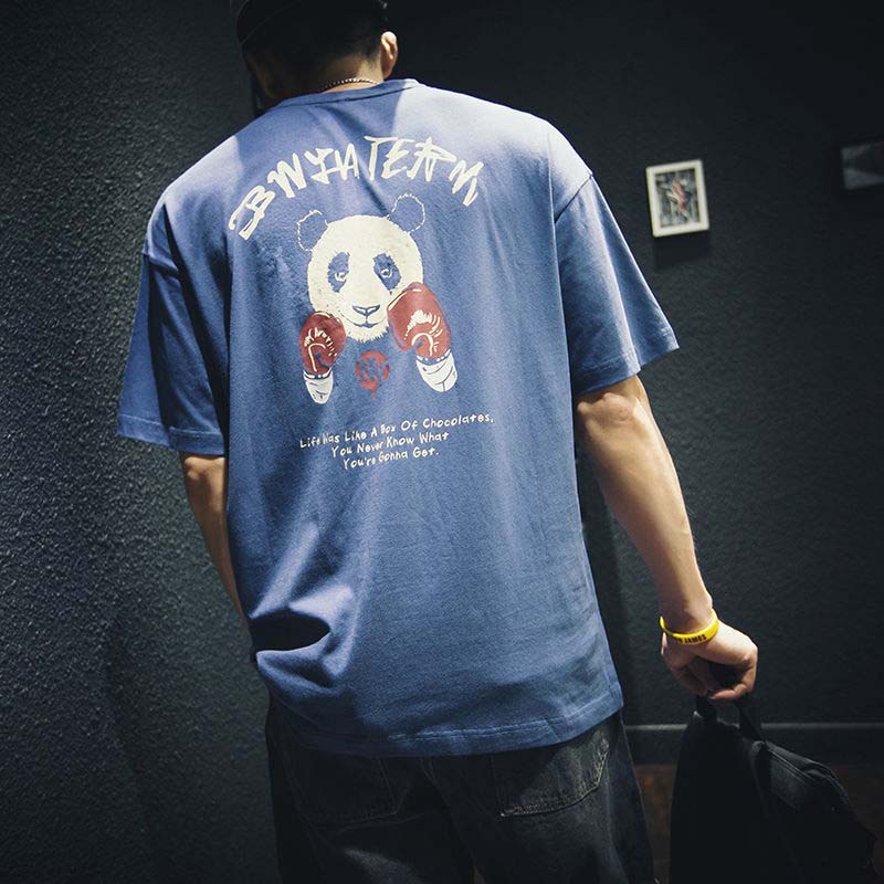 Summer Black Cotton Short-sleeved T-shirt Male Loose Half-sleeved Large Size Wild Panda Print Top
