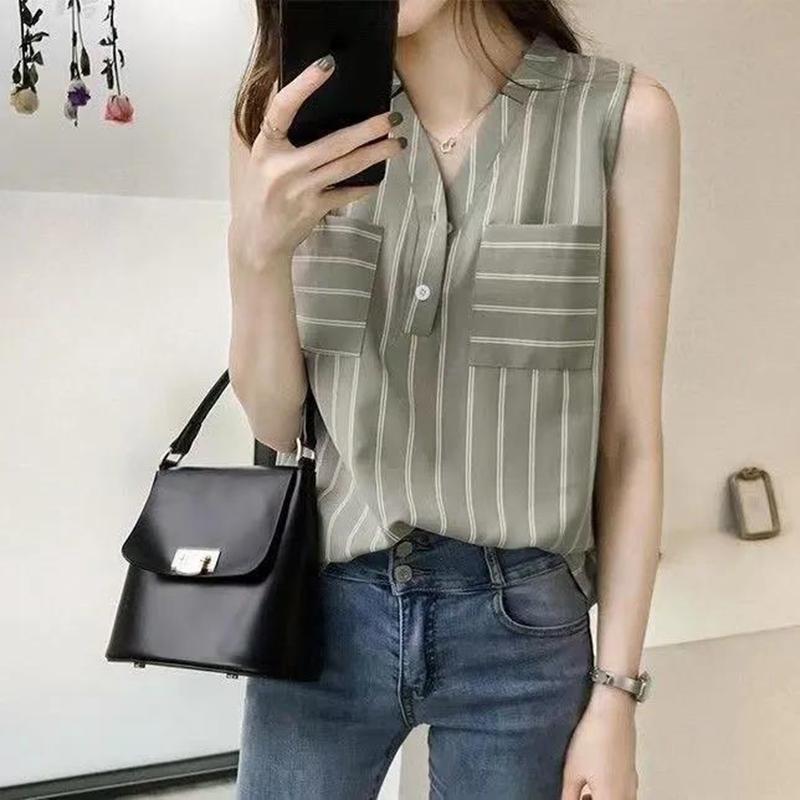 Summer V-Neck Sleeveless Stripe Casual Shirt Vest Large Size Women's Shirt